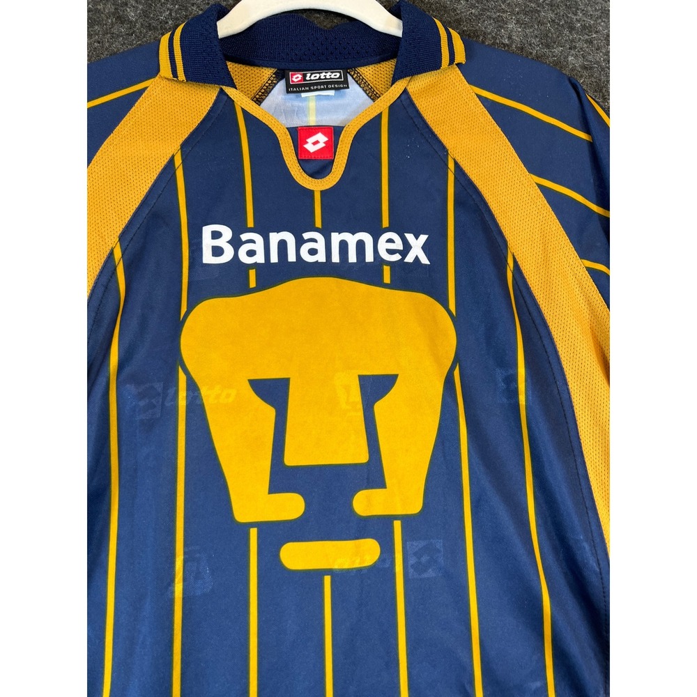 Vintage Lotto Pumas UNAM Soccer Jersey Navy Blue Gold Mexico Kit Boys Large